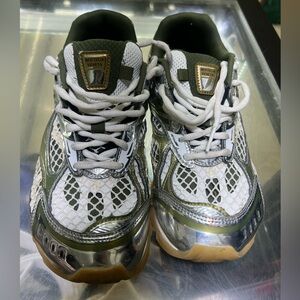 Bottega Veneta Olive Green, White & Silver Mesh Chunky Sneakers